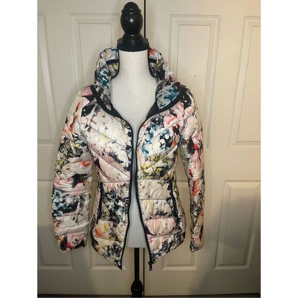Sam Edelman Women's Floral Puffer Down Jacket‎ Hooded Multicolor S - Picture 1 of 7